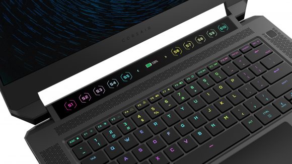 The Corsair Voyager gaming laptop shows off its Elgato Stream Deck S-keys and Cherry MX mechanical keyboard