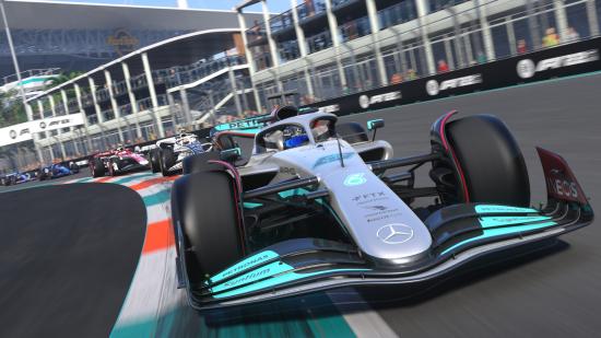 F1 22 PC version gets VR mode: A purple Mercedes-branded F1 car leads a pack around a turn in Miami.