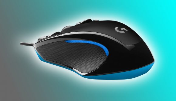 Logitech G300s gaming mouse on blue backdrop