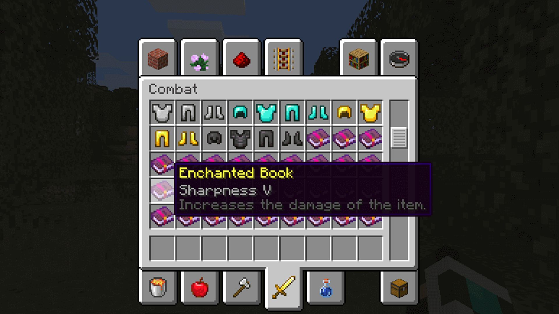 Best Minecraft mods: the inventory screen highlighting the Enchanted Book. Its description reads: Sharpness V - Increases the damage of the item.