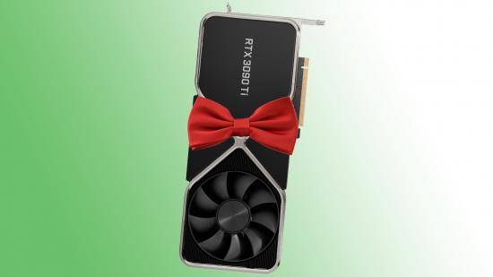 Nvidia GPU: RTX 3090 Ti with a bow tie on green backdrop