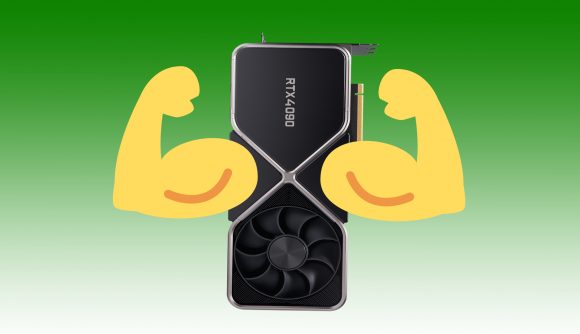 Nvidia RTX 4090 graphics card mock up with two emoji muscle arms