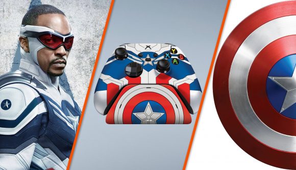 Razer Xbox controller with Marvel's Captain America design in the centre, Sam Wilson to the left, Vibranium shield to the right