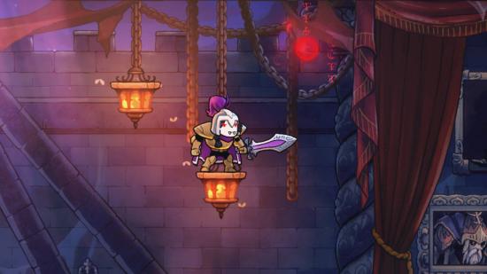 Rogue Legacy 2 Scars - a hero holding a sword and standing on top of a lantern, looking at a red orb with runes around it floating in the air.