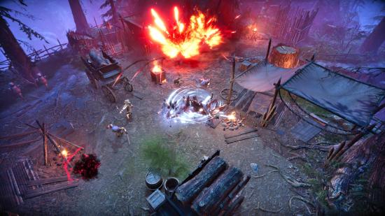 The best V Rising weapons: a vampire is spinning around with his sword, while part of the camp explodes and an archer aims to fire an arrow at a fleeing enemy.