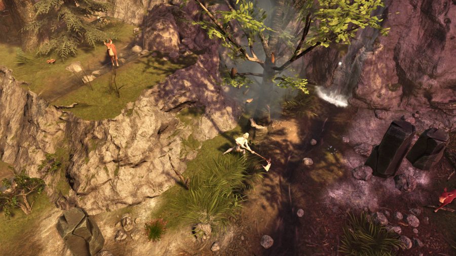 V Rising's Best Weapons: A vampire is chopping down a tree next to a waterfall, while two deer are minding their own business.