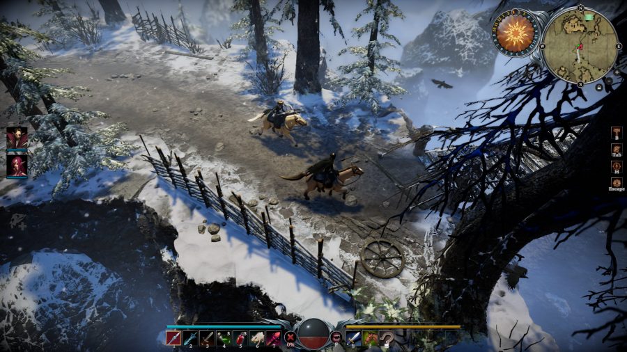 V Rising's Best Weapons: Two vampires riding through a snowy forest while holding a spear and a crossbow.  They approach a dilapidated wooden bridge.