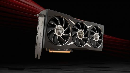 An AMD Radeon graphics card render floats in the air against a red-black background