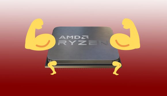 AMD Zen 4: Ryzen chip with little arms and leg emojis on red backdrop