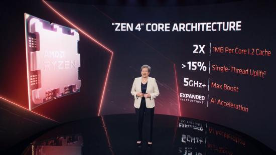 AMD CEO Dr. Lisa Su stands on stage with a Zen 4 Ryzen 7000 CPU render on her left, followed by slide details above and to the right of her