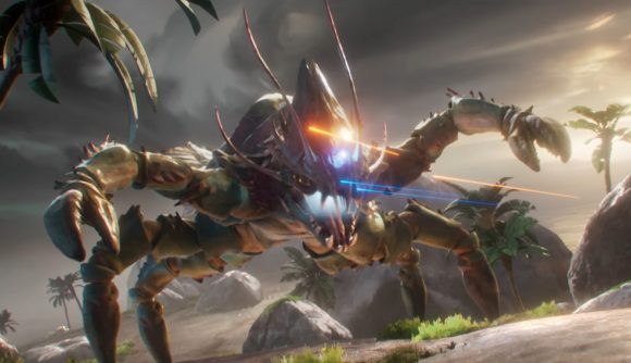 A giant crab-like monster brushes off small arms fire in a cinematic for Apex Legends season 13
