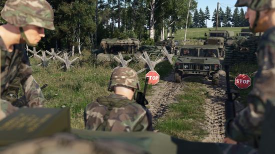 Arma 4 mods will be cross-compatible with the Xbox Game Preview version. Here, a convoy of olive green Humvees and trucks approaches a camouflaged checkpoint manned by US soldiers in Arma Reforger.