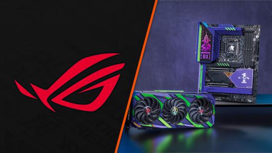 The Asus ROG logo sits on the left, while on the right are some gaming PC components with Evangelion designs