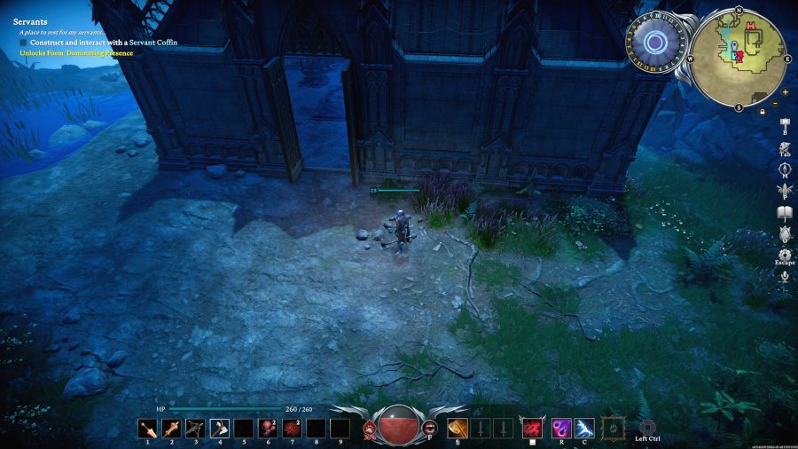 Best V Rising base locations - a vampire is standing outside of his castle. The door is open.