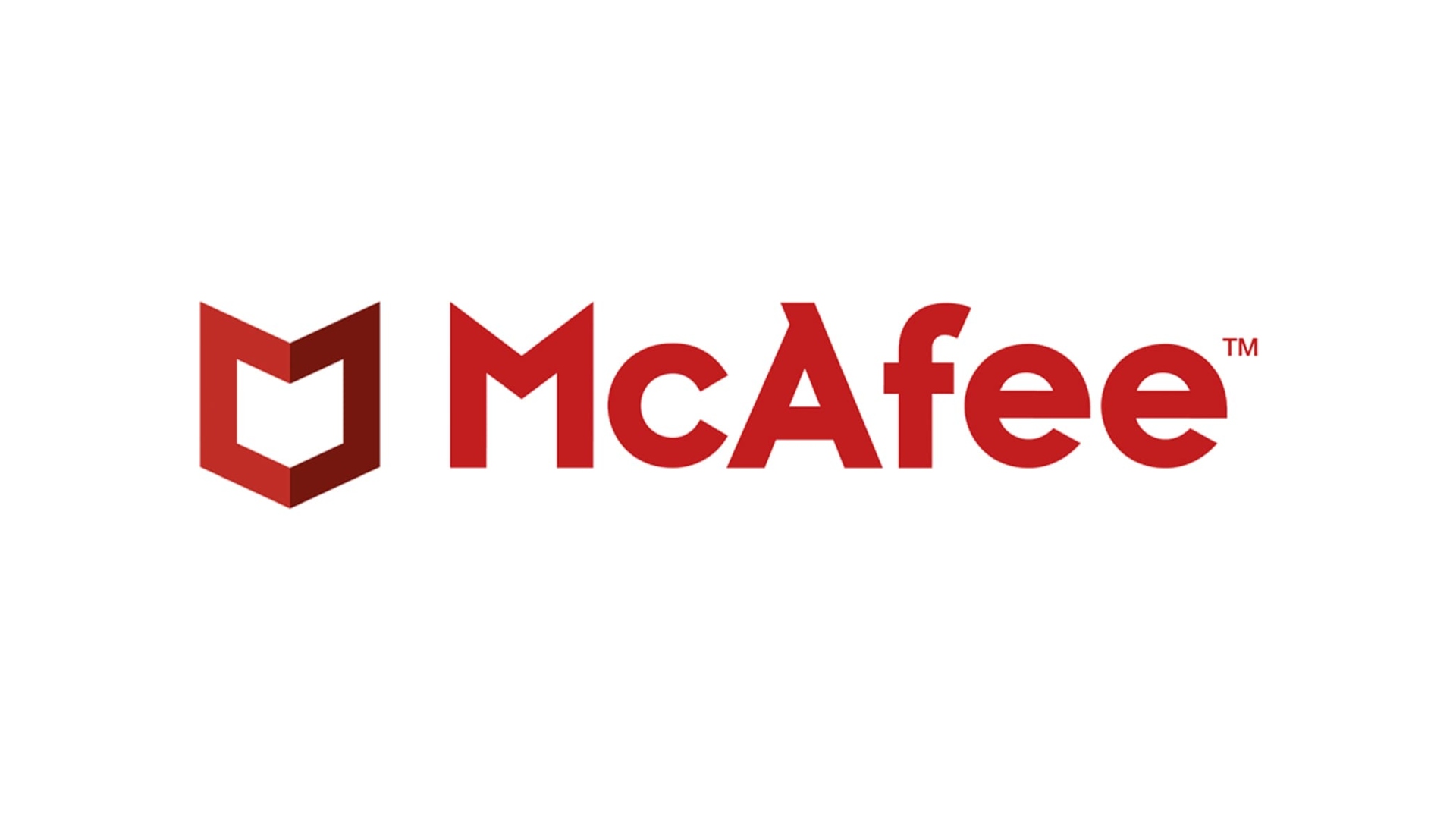 Antivirus paling apik: McAfee ditulis kanthi warna abang ing latar putih bebarengan karo insignia