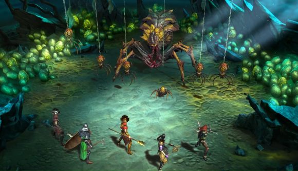 Best free PC games: Raid: Shadow Legends. Image shows a party of character preparing to fight giant spiders.