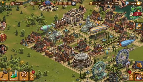 Best PC games on mobile: Forge of Empires. A human civilisation is seen from an isometric perspective. You can see blimps, Ferris wheels, and more in the city surrounded by greenery.
