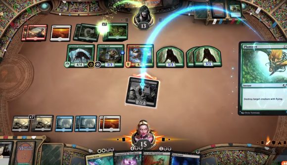Best PC games on mobile: Magic: The Gathering Arena. A screenshot shows a card game in battle, with visual effects on the cards.