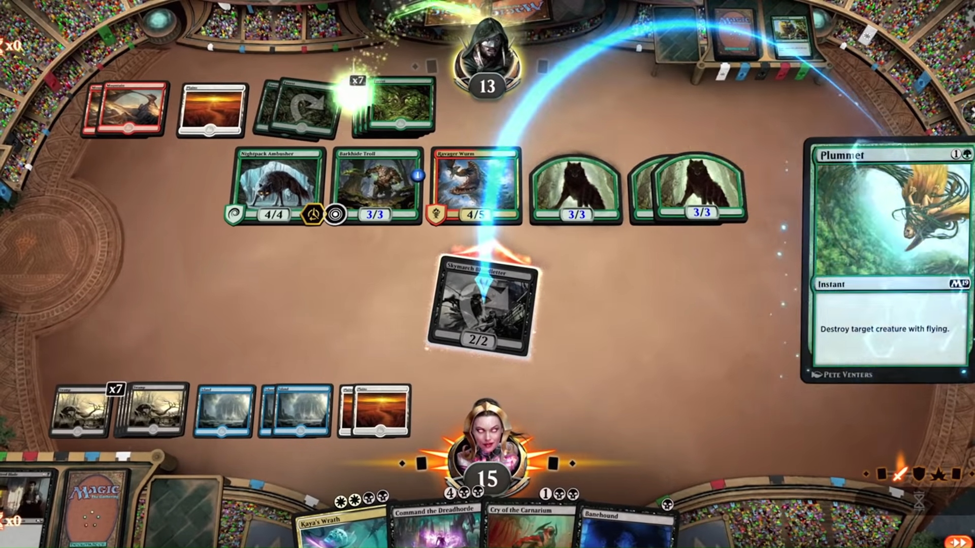 Best PC games for mobile devices: Magic: The Gathering Arena.  The screenshot shows a card game in combat with visual effects on the cards.