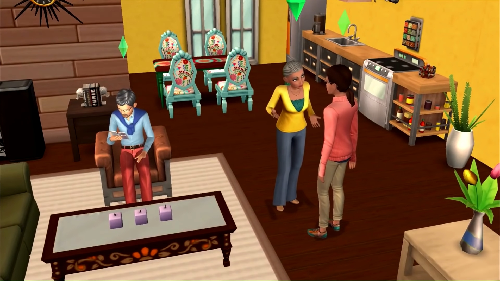 Best PC games for mobile devices: The Sims Mobile.  The screenshot shows a group of three Sims hanging out in the house.  One is sitting, two are standing.