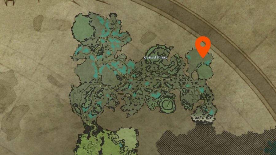 A great V Rising base location for the Cursed Forest, marked on a map