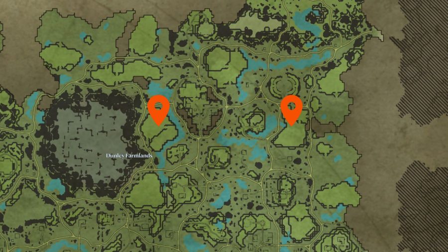The two best V Rising base locations for Dunley Farmlands marked on a map