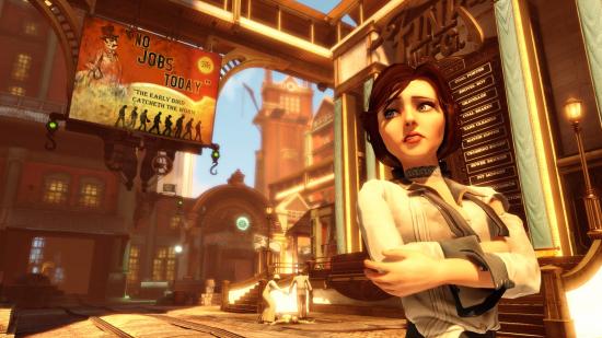 BioShock: The Collection is free on Epic: Elizabeth looks worried as she stands near a sign that reads 'No Jobs Today' in Columbia