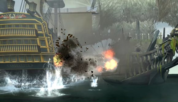Browser games - Pirates of the Caribbean: Tides of War. A screenshot shows to ships engaged in battle.
