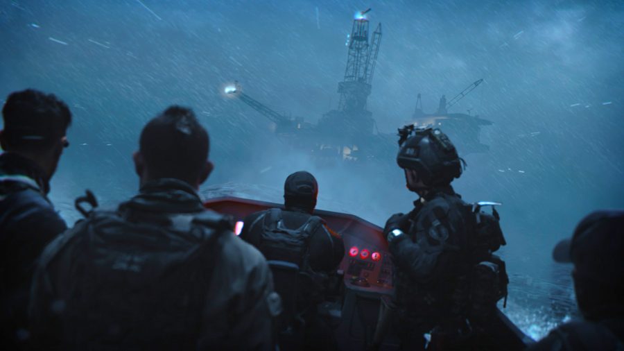 Call of Duty Warzone 2 Release Date: Five soldiers sail to a ship in a small boat at night.