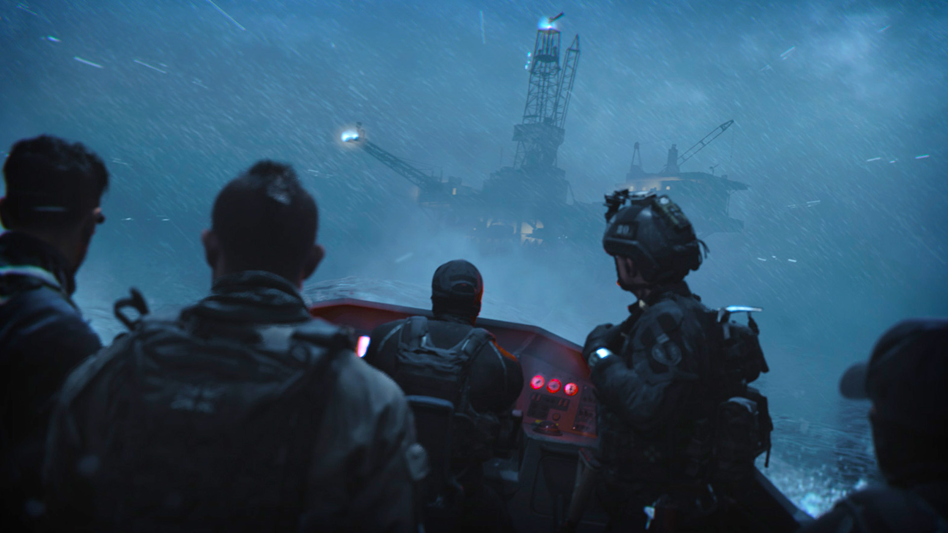 Call of Duty Warzone 2 release date: five soldiers ride to the ship in a small boat at night