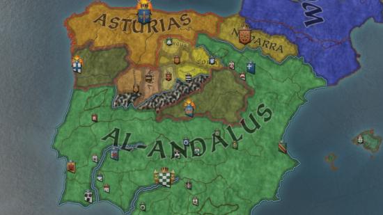 The updated map of Iberia as it will appear when Crusader Kings 3's next patch arrives alongside the Fate of Iberia flavour pack.