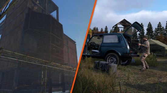 DayZ base building: A split image showing two people loading a car inside a base, and a custom base structure going upt he side of a factory