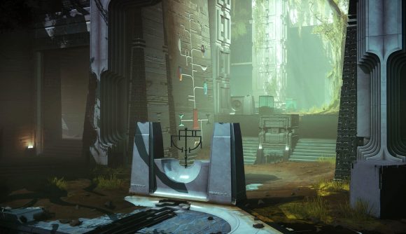 Sun shines through the ruins of a temple in Disjunction, a new Destiny 2 PvP map set on Savathun's Throne World. Stairs lead up from an altar to an area overgrown with trees and flooded with light from outside, while a passageway leads off to the left into the darkness.