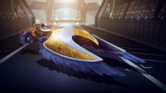 A Destiny 2 sparrow speeder themed with a feathered white and gold Falcon motif.