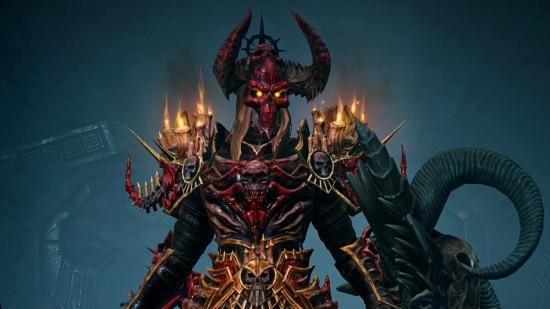 Diablo Immortal loot boxes (likely) block release in some countries: an armoured necromancer with glowing yellow eyes and shoulder spikes
