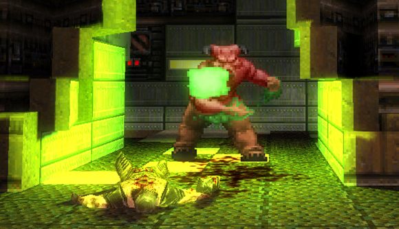 A Baron of Hell stands over a Quake soldier, in this Doom Quake mod
