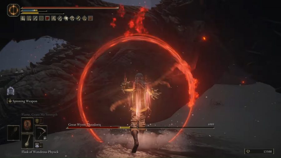 Elden Ring bleed build: a tarnished spins a scythe in mid-air while fighting a boss