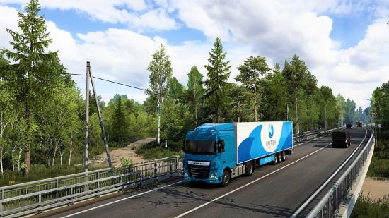 Euro Truck Simulator Heart of Russia DLC cancelled: A blue semi truck with a matching trailer travels along a two-lane highway through a Russian forest.