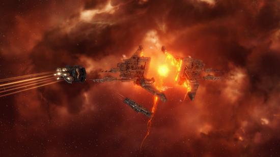 A destroyer-class Thrasher ship approaches a massive stargate in Eve Online. The stargate is built around a fiery ball of orange energy, and other ships slowly orbit the structure.