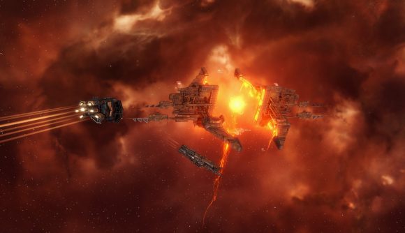 A destroyer-class Thrasher ship approaches a massive stargate in Eve Online. The stargate is built around a fiery ball of orange energy, and other ships slowly orbit the structure.