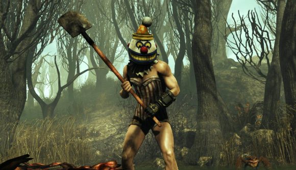 Fallout 4 mod: a figure hefts a spade menacingly in ankle-deep swamp water; mangrove trees loom behind them, and they wear a clown mask and a corset