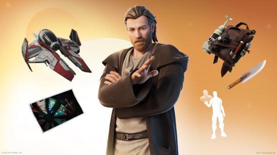 Promo art for the Fortnite Obi-Wan Kenobi skin, which shows a stylized version of Ewan McGregor as Obi-Wan, with his Jedi Starfighter, a leather survival backpack, a background, a knife-style pickaxe, and an emote icon displayed around him on a orange gradient background.
