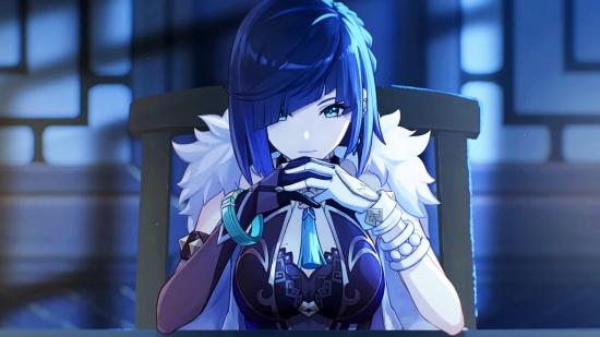 New Genshin Impact Yelan character teaser: Yelan sits at a desk, elbows resting on the desk and hands together underneath her chin
