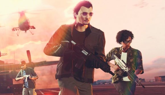 GTA Online Business Battles: three people with guns and a helicopter flying behind