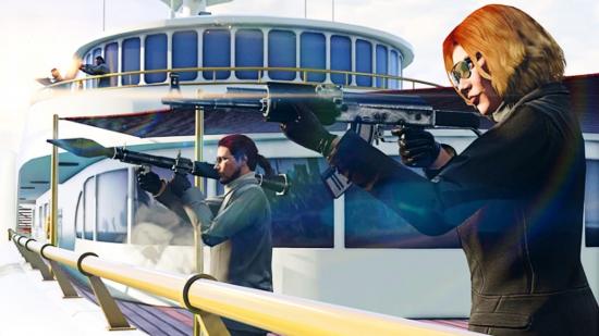 GTA Online: two people on a boat aiming rocket launchers