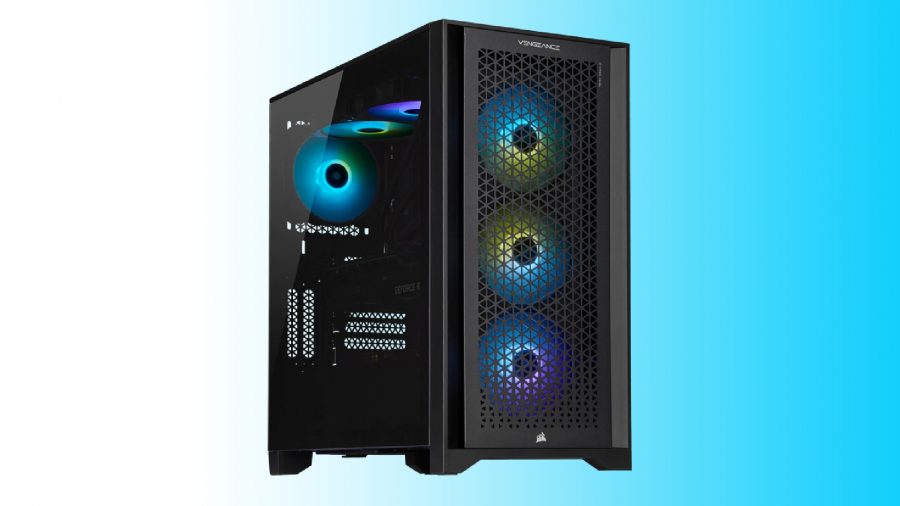how to clean computer: Corsair PC case on blue background