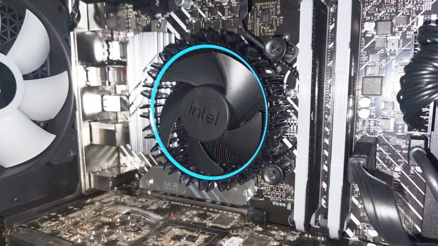 how to clean your computer: inside gaming pc with intel fan, motherboard and the bottom of the graphics card