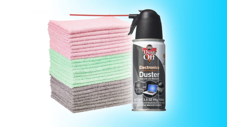 How to clean your computer: compressed air duster and microfiber towels on a blue background