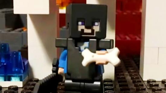 Lego Minecraft stop motion - a warrior holds a sword and a bone