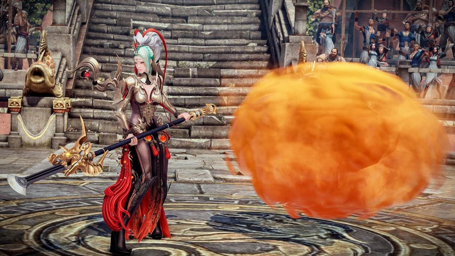 Lost Ark Glaivier Build Best: A female Glaivier wielding a large polearm next to a large orange cloud